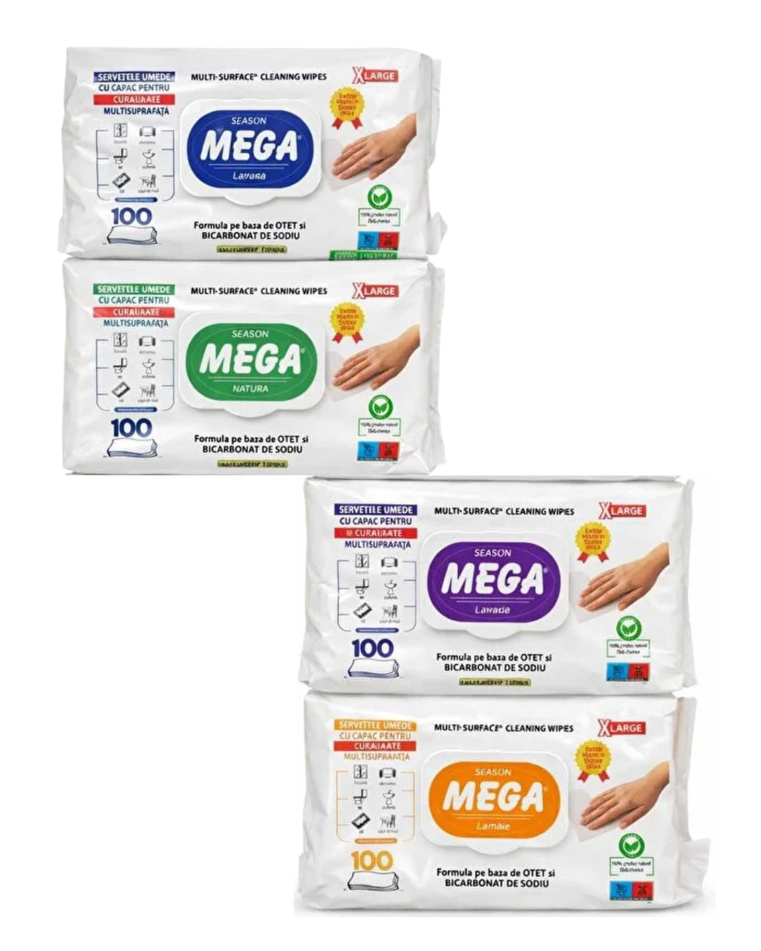 Mega Șervețele Umede Universale Multisuprafețe, Diverse Arome, 100 Bucăți