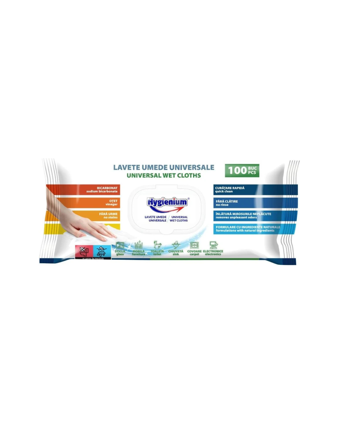 Hygienium Șervețele Umede Universale Multisuprafețe, cu Bicarbonat și Oțet, Diverse Arome, 100 Bucăți - imagine 2