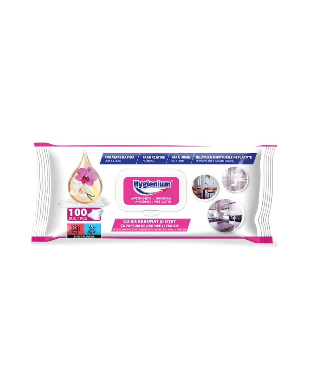 Hygienium Șervețele Umede Universale Multisuprafețe, cu Bicarbonat și Oțet, Diverse Arome, 100 Bucăți - imagine 3