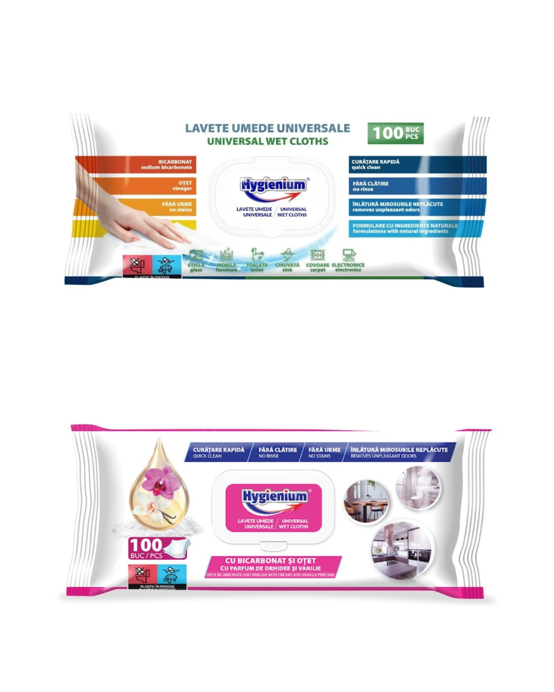 Hygienium Șervețele Umede Universale Multisuprafețe, cu Bicarbonat și Oțet, Diverse Arome, 100 Bucăți