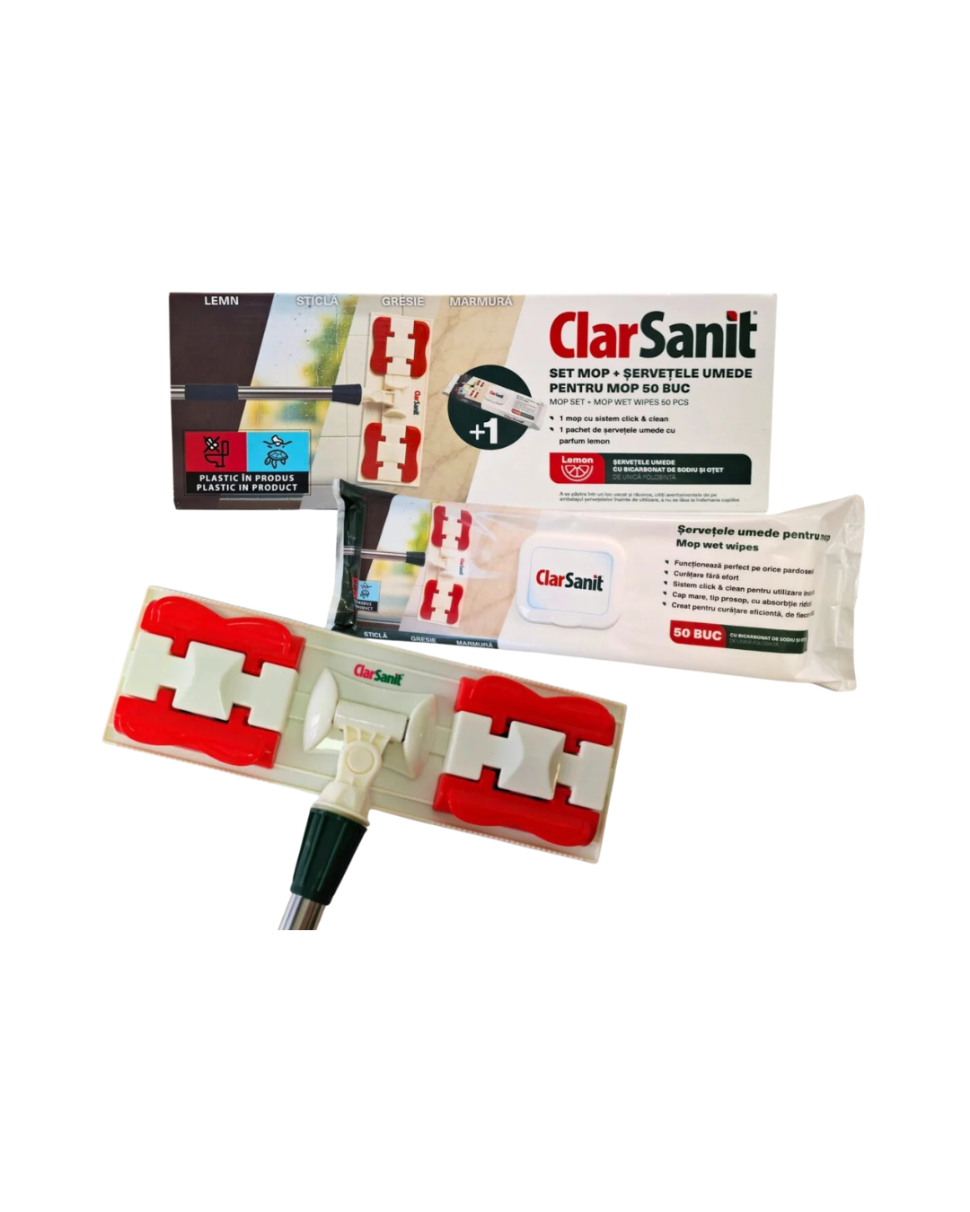 ClarSanit Set Mop Click & Clean + Rezerve Șervețele Umede cu Bicarbonat, 50 Bucăți