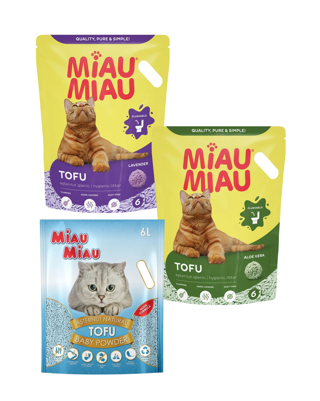 Miau Miau Tofu pentru Pisici, Lavandă, 6 L, Diverse arome