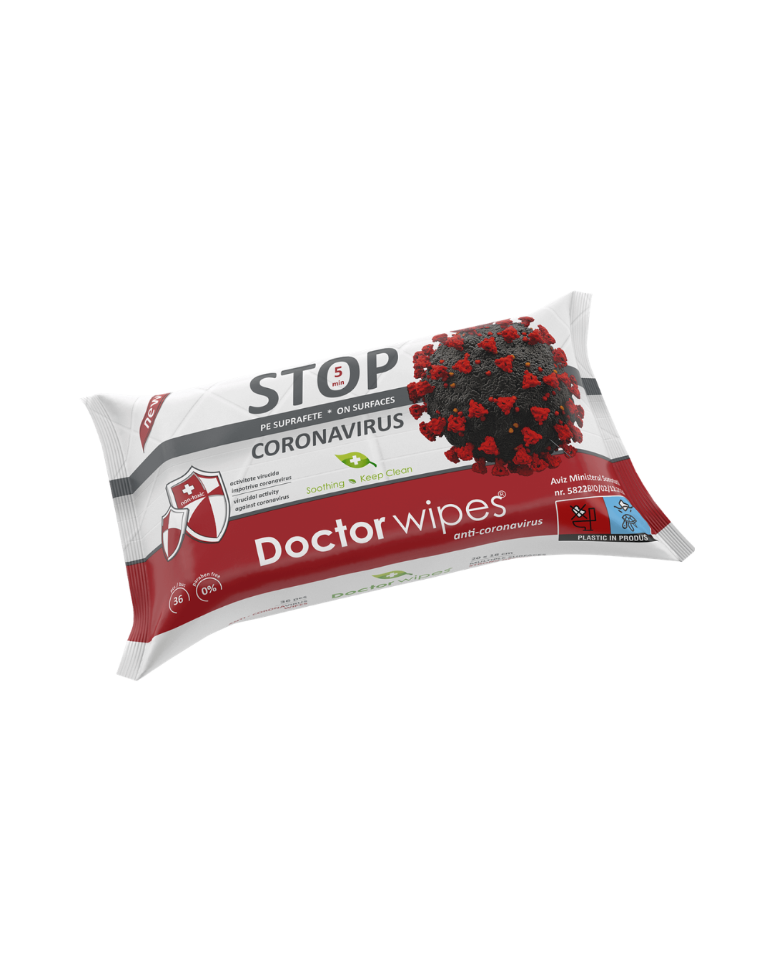Doctor Wipe's Șervețele Umede Antibacteriene pentru Suprafețe, Stop Coronavirus, 36 Bucăți