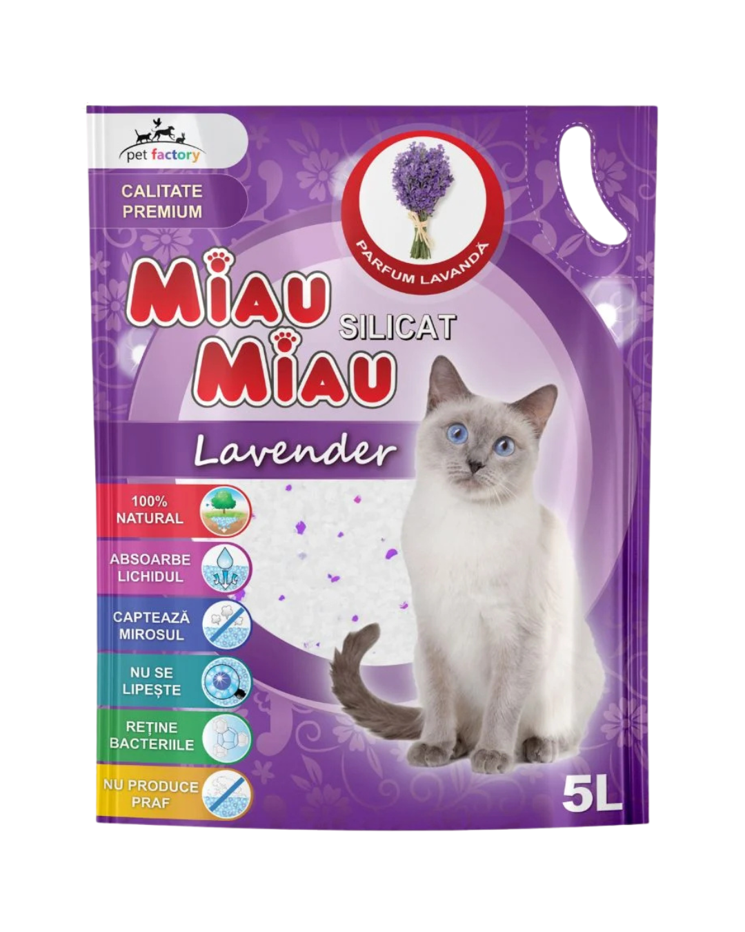 Miau Miau Silicat pentru Pisici, Lavandă, 5 L