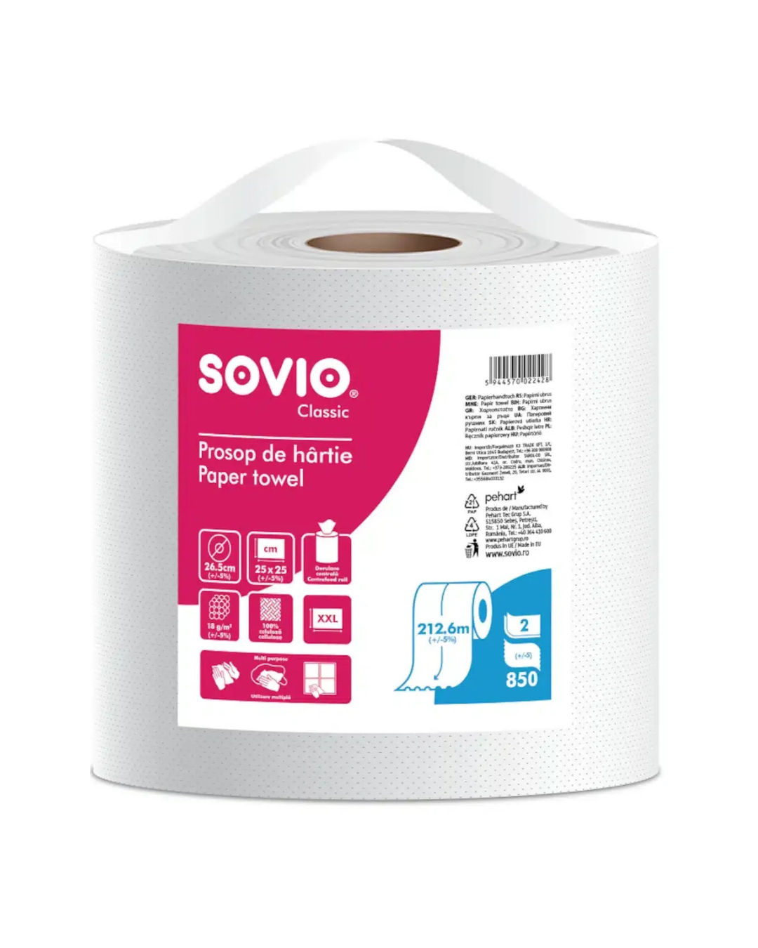 SOVIO Monorolă Prosop de Hârtie, 2 Straturi, 850 Foi