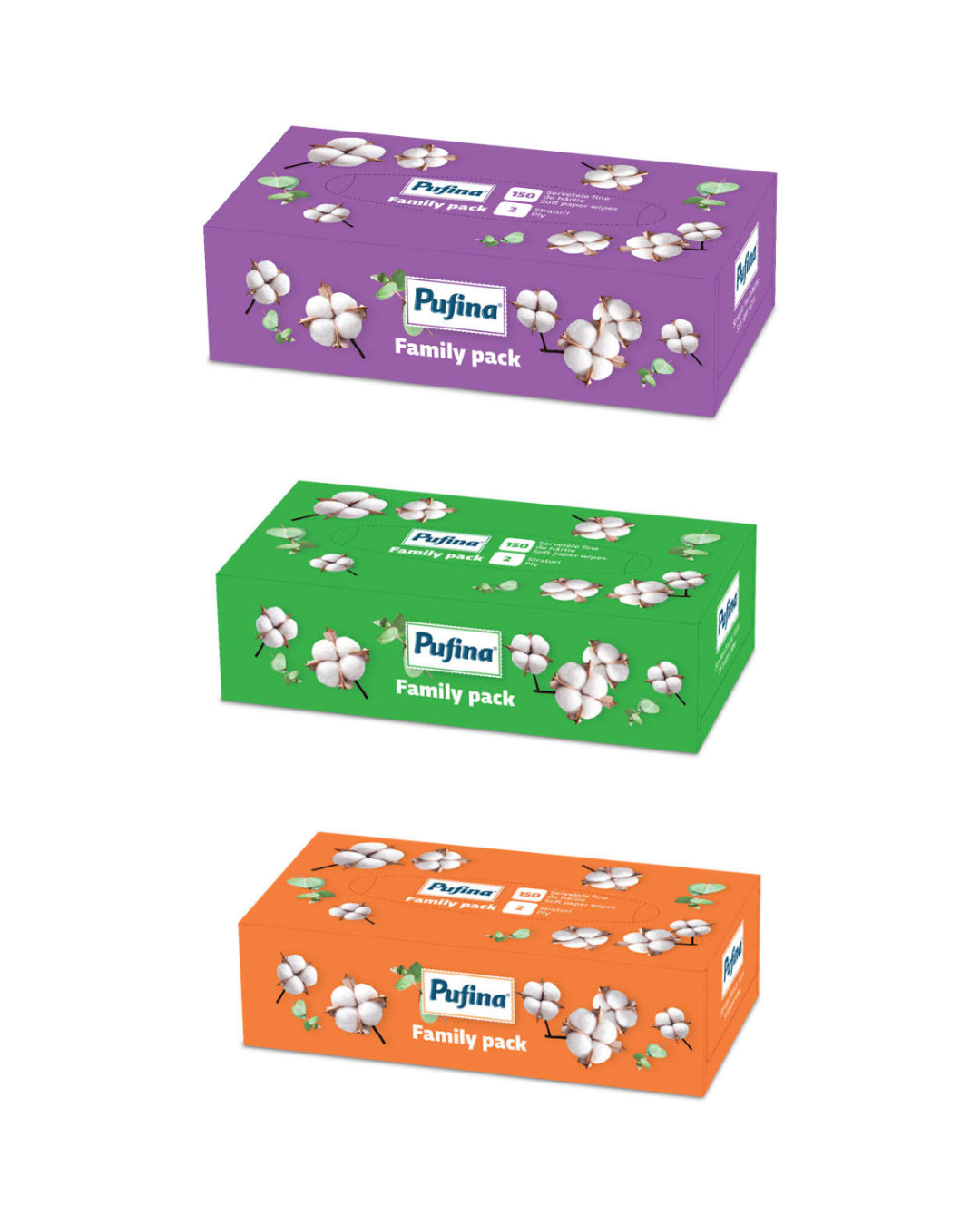 Pufina Family Pack Șervețele Faciale Cutie, 2 Straturi, 150 Bucăți, Diverse modele