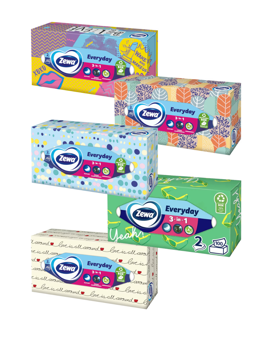 Zewa Everyday Șervețele Faciale Cutie, 2 Straturi, 100 Bucăți, Diverse Modele