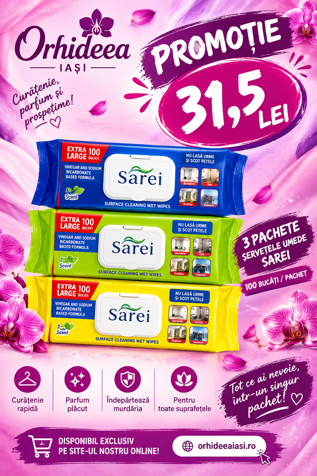 🧽 Pachet SAREI – 3 pachete de șervețele umede ✨