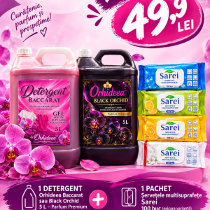 Pachet Orhideea Det Baccarat 5L / Det Black Orchid 5L + un pachet Sarei servetele umede multisuprafete 100 buc